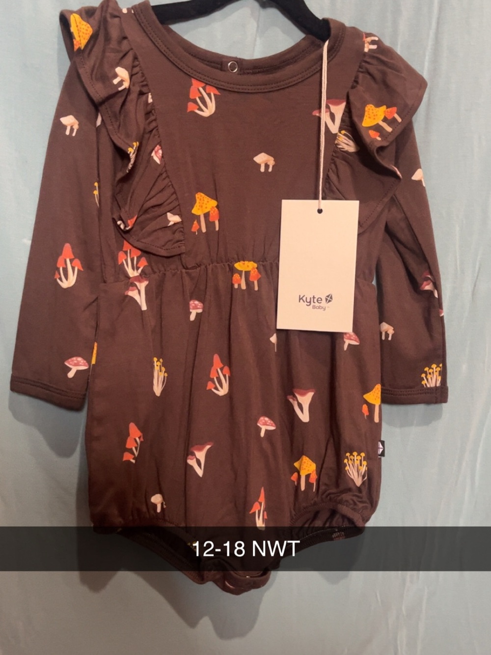 Kyte Baby Brown Mushroom Print Long-Sleeve Bubble Bodysuit - 12-18